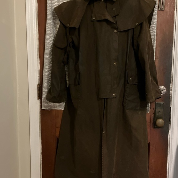 Vintage Outback Trading Co Jacket Mens L Brown Oilskin Stockman Duster Coat Long - Picture 1 of 5